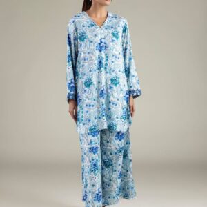 Blue floral printed kurta set for women with V-neckline, loose fit tunic and wide-leg pants – modern South Asian outfit