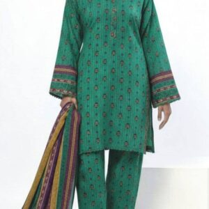 A model wearing a SS2355A 3-piece lawn suit by Khaadi. The outfit features a long kurta with intricate vertical patterns and detailed borders, paired with dyed trousers and a matching printed dupatta with striped and floral designs. The model stands against a plain background, holding the dupatta, with product fabric details displayed on the left side.