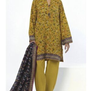 A model wearing a mustard yellow printed 3-piece lawn suit by Khaadi. The outfit includes a floral printed kurta with detailed borders, matching plain dyed trousers, and a multicolored printed dupatta. The model stands against a plain background, showcasing the full outfit with neutral-toned sandals. Product details about fabric and measurements are displayed on the left side of the image.