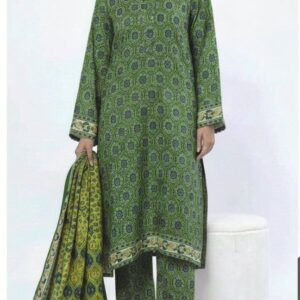 A model wearing a SS2345A 3-piece lawn suit by Khaadi. The outfit features a long kurta with intricate vertical patterns and detailed borders, paired with dyed trousers and a matching printed dupatta with striped and floral designs. The model stands against a plain background, holding the dupatta, with product fabric details displayed on the left side.