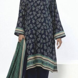 A model wearing a SS2346A 3-piece lawn suit by Khaadi. The outfit features a long kurta with intricate vertical patterns and detailed borders, paired with dyed trousers and a matching printed dupatta with striped and floral designs. The model stands against a plain background, holding the dupatta, with product fabric details displayed on the left side.