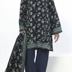 A model wearing a SS2347B 3-piece lawn suit by Khaadi. The outfit features a long kurta with intricate vertical patterns and detailed borders, paired with dyed trousers and a matching printed dupatta with striped and floral designs. The model stands against a plain background, holding the dupatta, with product fabric details displayed on the left side.