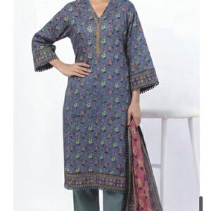 A model wearing a SS2349A 3-piece lawn suit by Khaadi. The outfit features a long kurta with intricate vertical patterns and detailed borders, paired with dyed trousers and a matching printed dupatta with striped and floral designs. The model stands against a plain background, holding the dupatta, with product fabric details displayed on the left side.