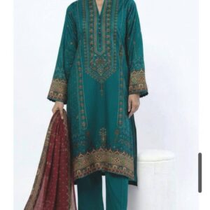 A model wearing a SS2350A 3-piece lawn suit by Khaadi. The outfit features a long kurta with intricate vertical patterns and detailed borders, paired with dyed trousers and a matching printed dupatta with striped and floral designs. The model stands against a plain background, holding the dupatta, with product fabric details displayed on the left side.