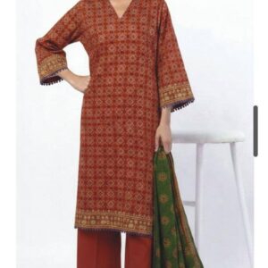 A model wearing a SS2351A 3-piece lawn suit by Khaadi. The outfit features a long kurta with intricate vertical patterns and detailed borders, paired with dyed trousers and a matching printed dupatta with striped and floral designs. The model stands against a plain background, holding the dupatta, with product fabric details displayed on the left side.