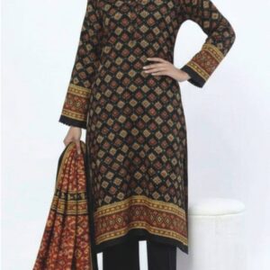 A model wearing a SS2358A 3-piece lawn suit by Khaadi. The outfit features a long kurta with intricate vertical patterns and detailed borders, paired with dyed trousers and a matching printed dupatta with striped and floral designs. The model stands against a plain background, holding the dupatta, with product fabric details displayed on the left side.