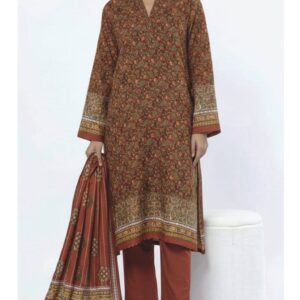 A model wearing a SS2359A 3-piece lawn suit by Khaadi. The outfit features a long kurta with intricate vertical patterns and detailed borders, paired with dyed trousers and a matching printed dupatta with striped and floral designs. The model stands against a plain background, holding the dupatta, with product fabric details displayed on the left side.