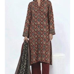 A model wearing a SS2362A 3-piece lawn suit by Khaadi. The outfit features a long kurta with intricate vertical patterns and detailed borders, paired with dyed trousers and a matching printed dupatta with striped and floral designs. The model stands against a plain background, holding the dupatta, with product fabric details displayed on the left side.