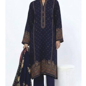 A model wearing a SS2365A 3-piece lawn suit by Khaadi. The outfit features a long kurta with intricate vertical patterns and detailed borders, paired with dyed trousers and a matching printed dupatta with striped and floral designs. The model stands against a plain background, holding the dupatta, with product fabric details displayed on the left side.