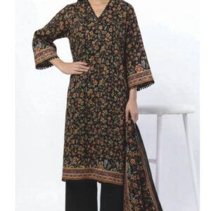 A model wearing a SS2344A 3-piece lawn suit by Khaadi. The outfit features a long kurta with intricate vertical patterns and detailed borders, paired with dyed trousers and a matching printed dupatta with striped and floral designs. The model stands against a plain background, holding the dupatta, with product fabric details displayed on the left side.