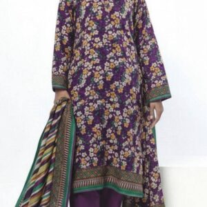 Alt Text A model wearing a SS2352A 3-piece lawn suit by Khaadi. The outfit features a long kurta with intricate vertical patterns and detailed borders, paired with dyed trousers and a matching printed dupatta with striped and floral designs. The model stands against a plain background, holding the dupatta, with product fabric details displayed on the left side.