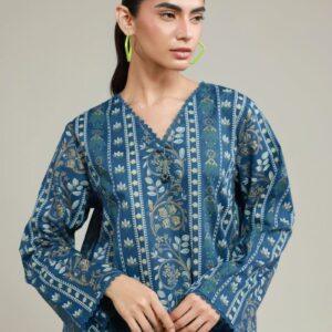 Teal printed kurta set for women with geometric and floral patterns, long tunic and straight pants – modern ethnic wear