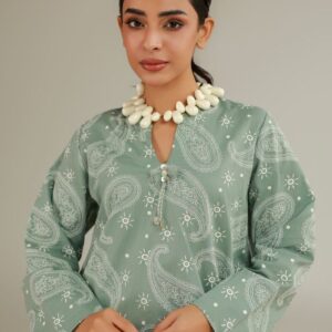 A model wearing a 1-26-223-A-A1 | 1-26-223-A-B1 2-piece lawn suit by Khaadi. The outfit features a long kurta with intricate vertical patterns and detailed borders, paired with dyed trousers and a matching printed dupatta with striped and floral designs. The model stands against a plain background, holding the dupatta, with product fabric details displayed on the left side.