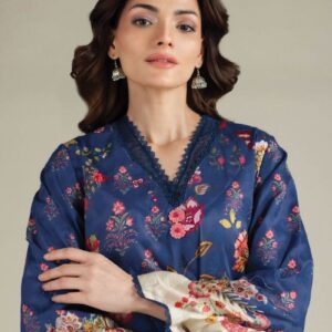 A model wearing a A112-26-101EH1 2-piece lawn suit by Khaadi. The outfit features a long kurta with intricate vertical patterns and detailed borders, paired with dyed trousers and a matching printed dupatta with striped and floral designs. The model stands against a plain background, holding the dupatta, with product fabric details displayed on the left side.
