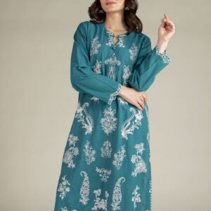 A model wearing a A113-26-109EG2 2-piece lawn suit by Khaadi. The outfit features a long kurta with intricate vertical patterns and detailed borders, paired with dyed trousers and a matching printed dupatta with striped and floral designs. The model stands against a plain background, holding the dupatta, with product fabric details displayed on the left side.