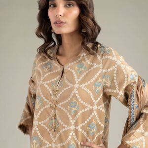A model wearing a A22-26-111FI2 3-piece lawn suit by Khaadi. The outfit features a long kurta with intricate vertical patterns and detailed borders, paired with dyed trousers and a matching printed dupatta with striped and floral designs. The model stands against a plain background, holding the dupatta, with product fabric details displayed on the left side.