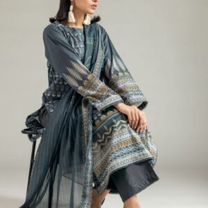 A model wearing a A22-26-115FH1 2-piece lawn suit by Khaadi. The outfit features a long kurta with intricate vertical patterns and detailed borders, paired with dyed trousers and a matching printed dupatta with striped and floral designs. The model stands against a plain background, holding the dupatta, with product fabric details displayed on the left side.