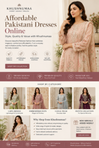 Promotional banner for Khushnumaa, an online Pakistani clothing brand, featuring a woman modeling a pastel embroidered traditional outfit. The advertisement highlights affordable Pakistani dresses, quality fabrics, worldwide shipping, secure shopping, and various clothing categories including lawn dresses, embroidered suits, casual wear, and festive collections