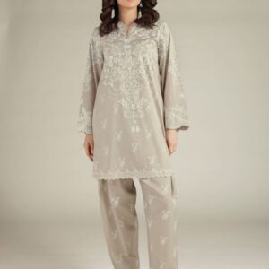 Beige embroidered Pakistani lawn suit for women featuring an elegant floral embroidered kurti with matching straight trousers, perfect for summer wear.