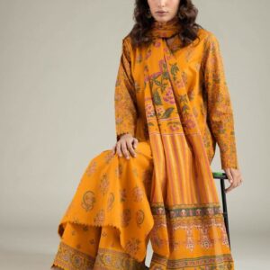 Women's mustard yellow printed lawn suit with matching printed trousers and dupatta – premium 3-piece unstitched summer dress.