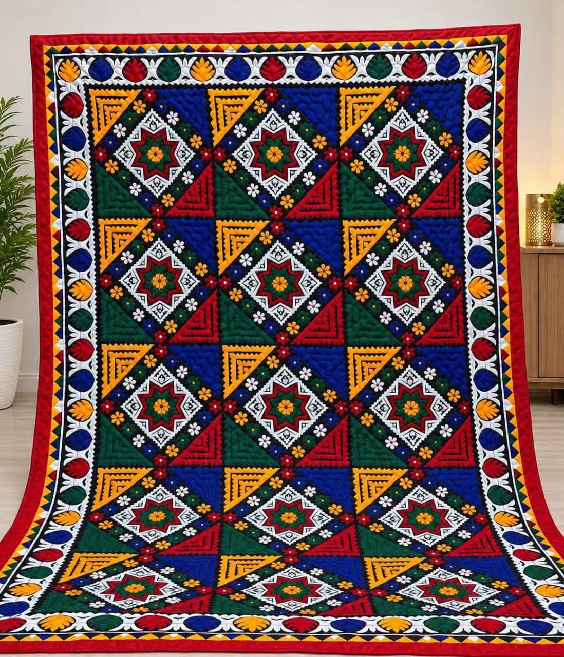 Traditional Sindhi embroidered Ralli textile with colorful geometric diamond motifs
